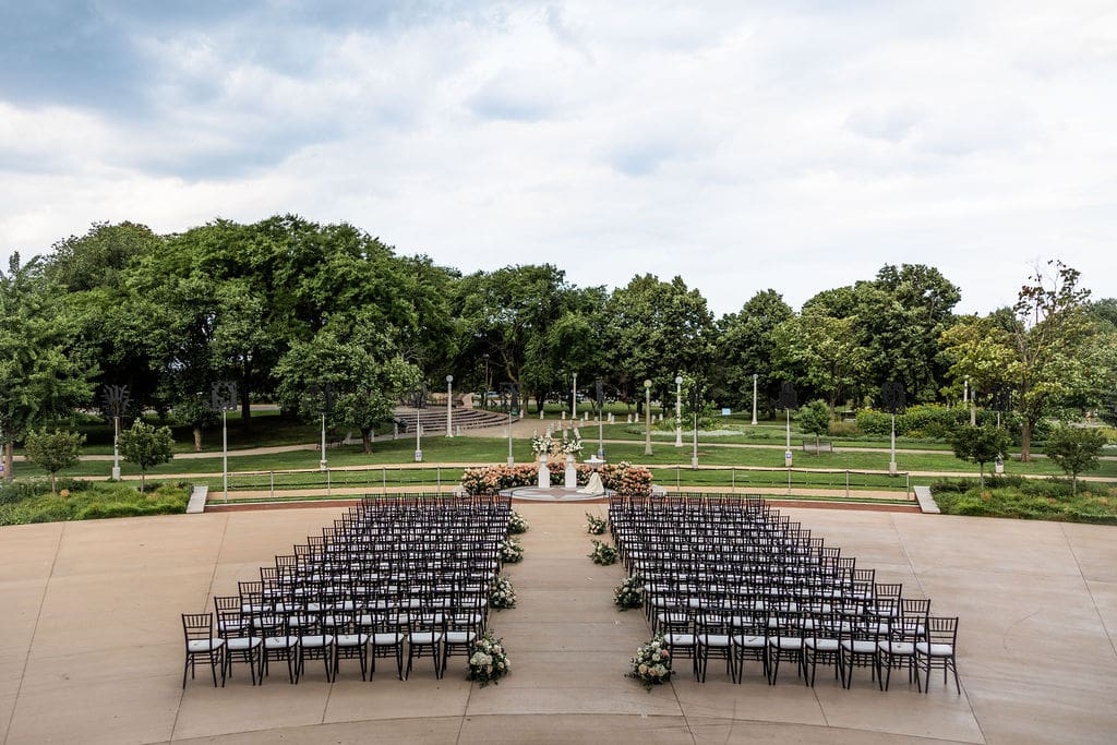 Outdoor wedding ceremony setup at the Chicago History Museum