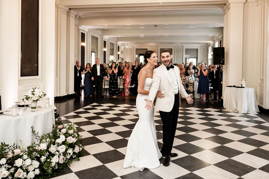 Bride and groom have first dance at their Chicago History Museum wedding reception