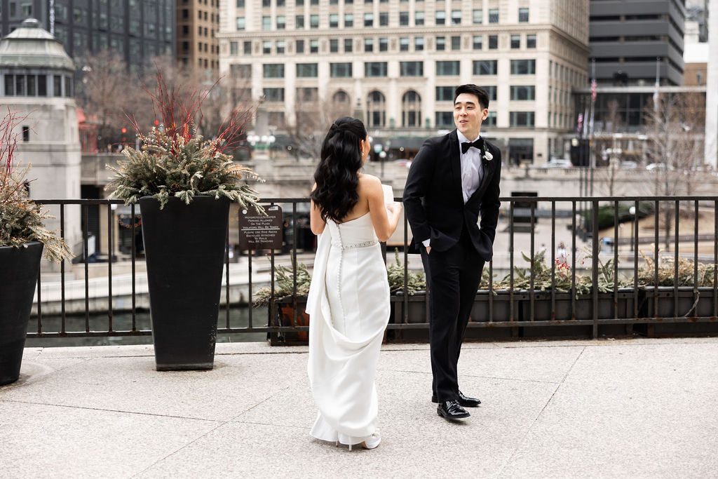 Bride and groom have emotional first look before their Langham Chicago wedding