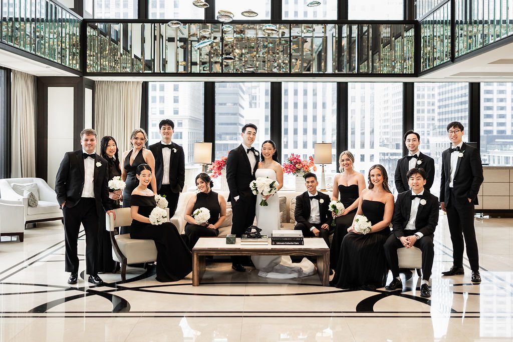 Wedding party inside the Langham Chicago lobby