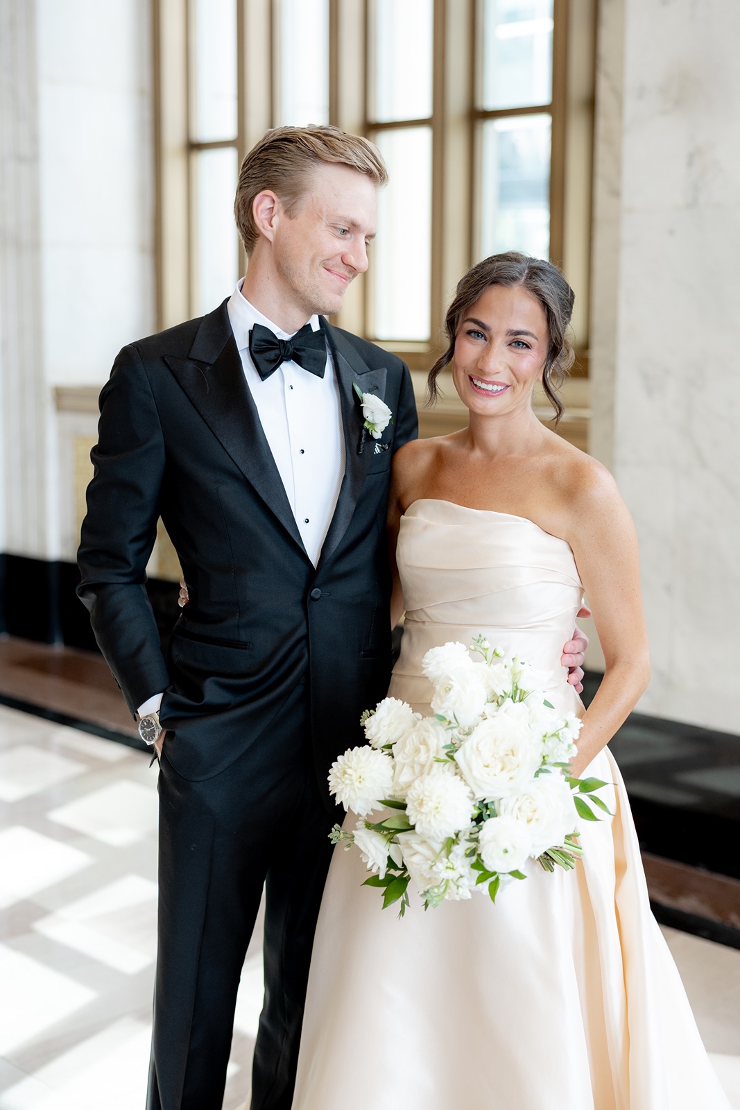 Bride and groom portraits indoors at The Old Post Office wedding