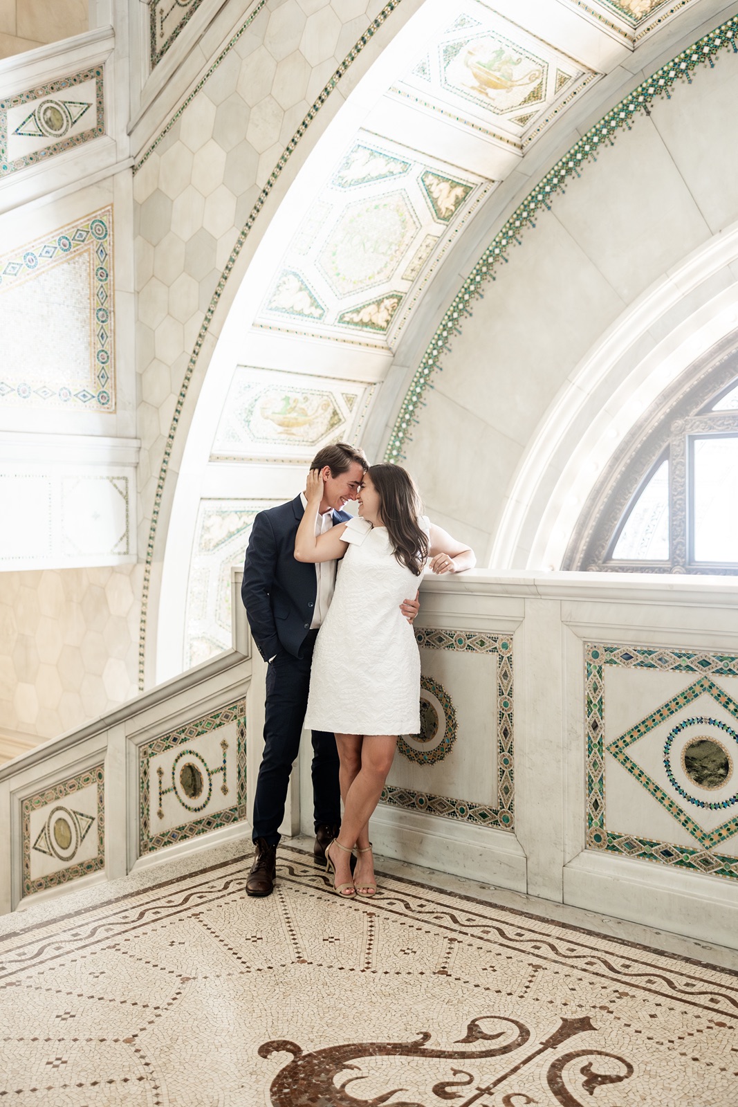 Couple embraces at the Chicago Cultural Center