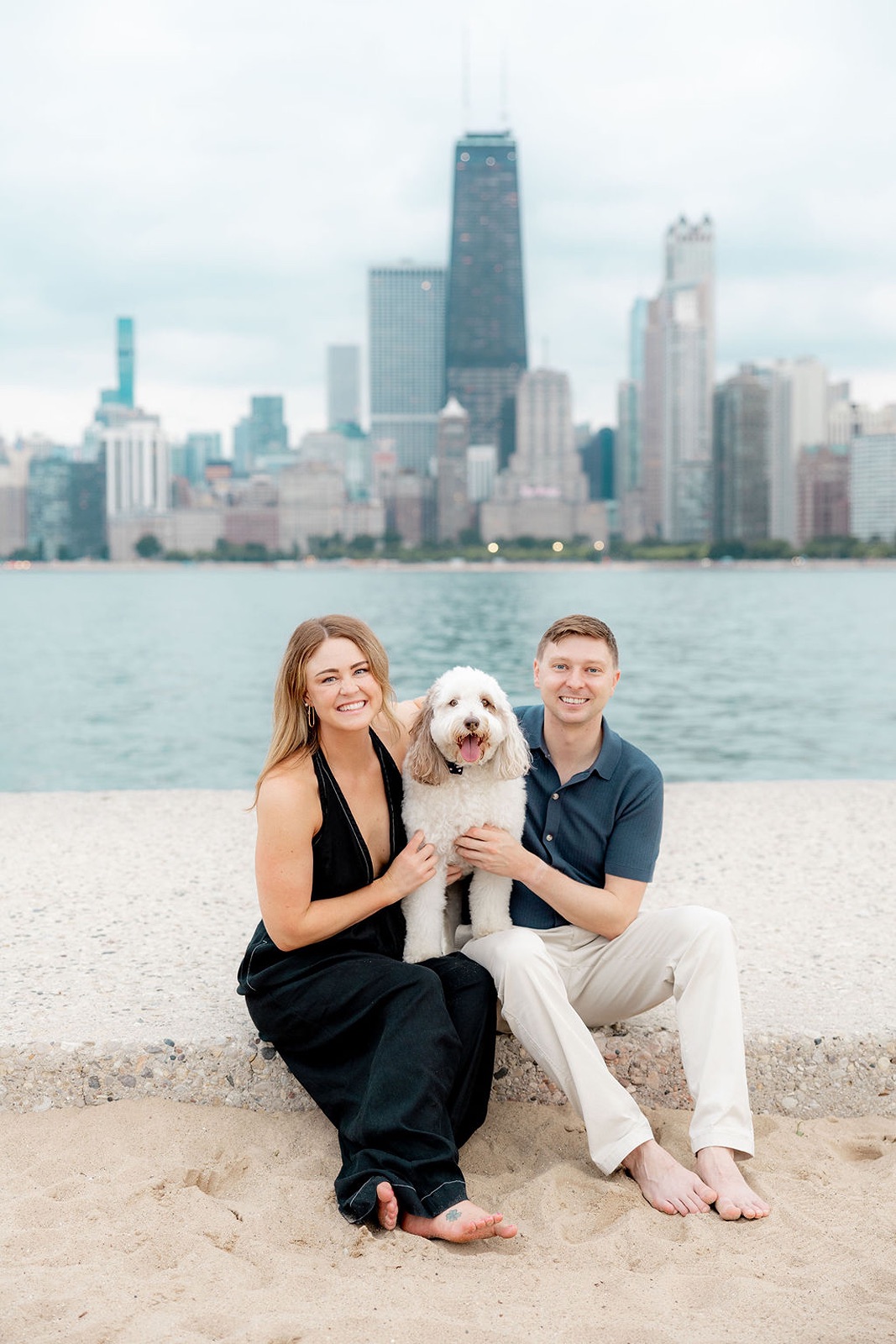 Couple with their dog at their Chicago engagement photos