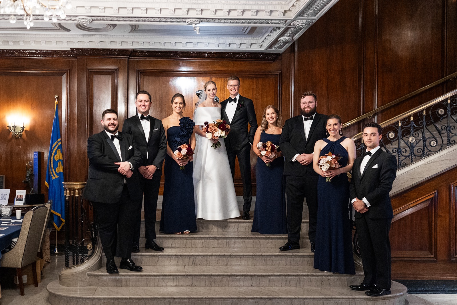 Wedding party on the stairs of the Union League Club of Chicago